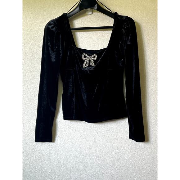 Rachel Zoe Velvet Crop Top M NWT | Black Long Sleeve Rhinestone Bow Detail - Picture 1 of 7